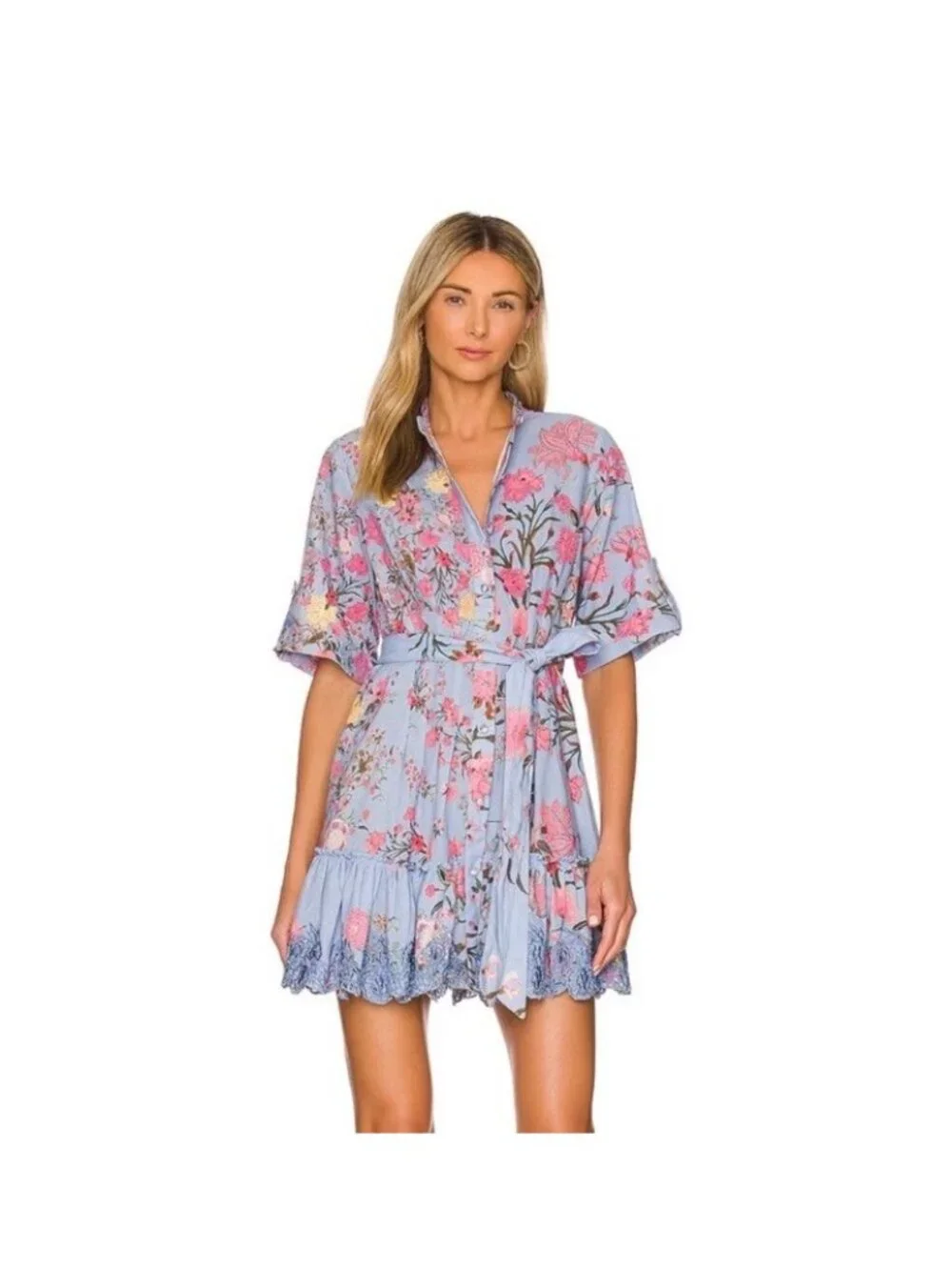 HEMANT AND NANDITA Short Dress with Tie Up Belt in Stone Blue